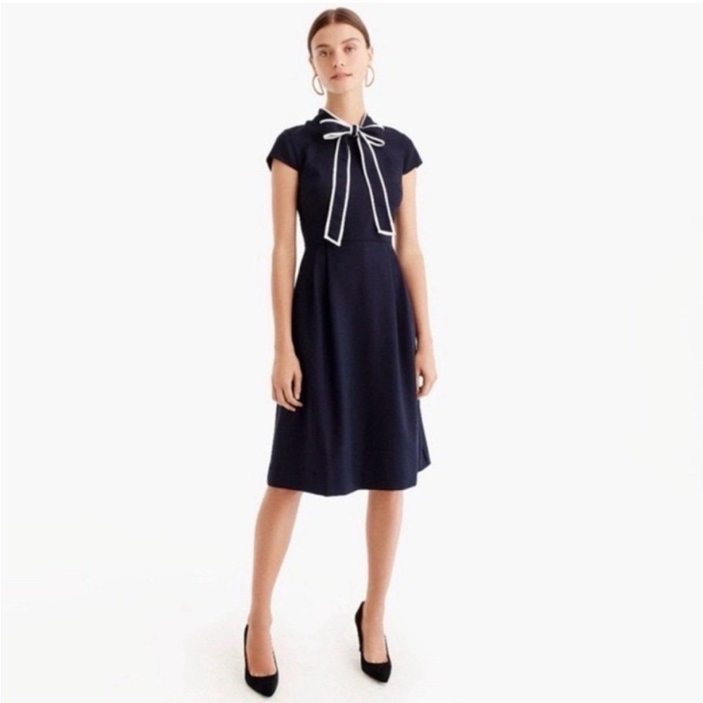 J. Crew Classic Navy Crepe Dress with Contrast Neck Bow